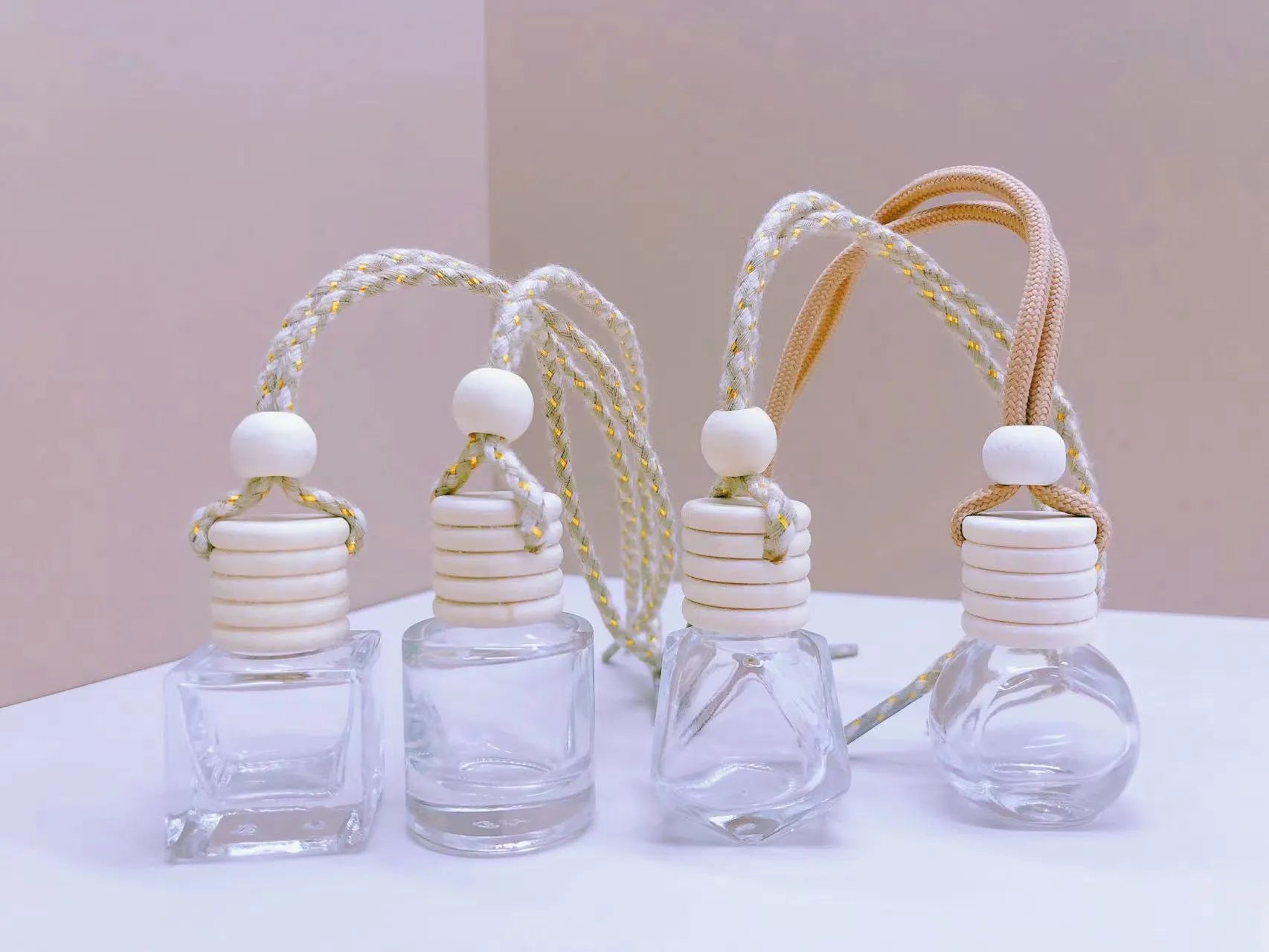 Glass bottle car perfume pendant in cylinder, diamond, flat drum, and square styles with 8ml or 6ml capacity