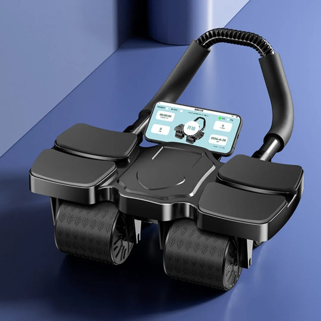 Black automatic rebound abdominal exercise wheel with four wheels on a floor.