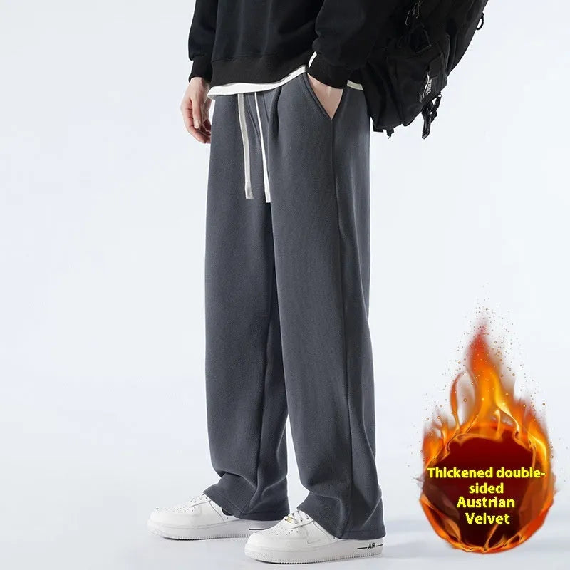 Men's double-sided polar fleece trousers in apricot colour with wool lining and drawstring waist