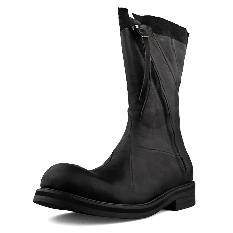 Japanese irregular deconstructed leather boots for men in black retro high-top round-toe style with zipper closure