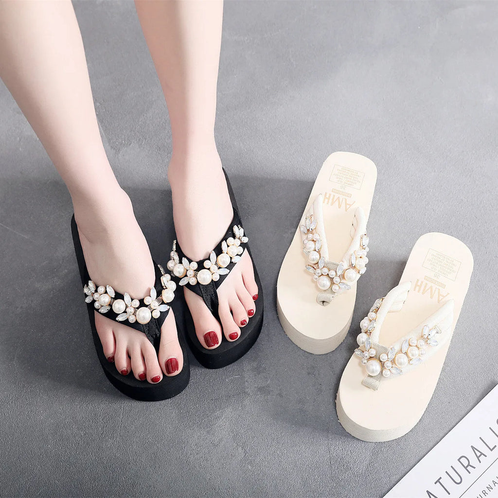 Women's high-heeled flip-flops sandals in beige with cotton cloth upper and adjustable strap.
