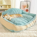 Morandi colour removable washable dog bed mat on a sofa, shown in M and L sizes.