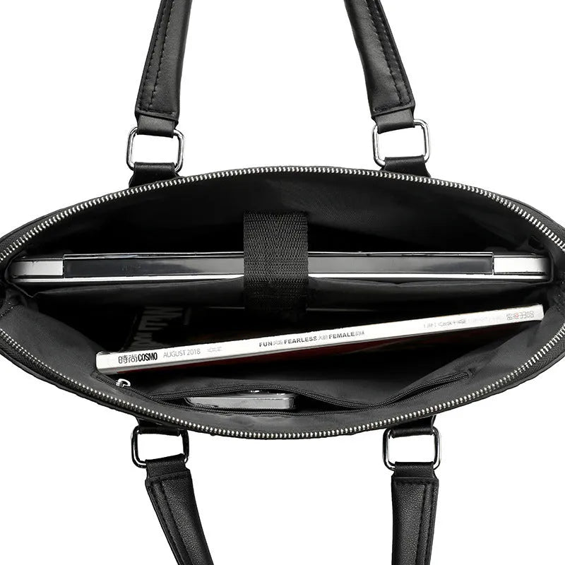 Men's black genuine leather crocodile pattern shoulder briefcase with stitching details