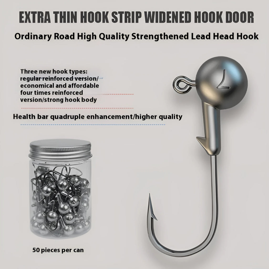 Set of 50 enhanced 7G steel jig hooks with a lead-headed hook for fishing tackle.