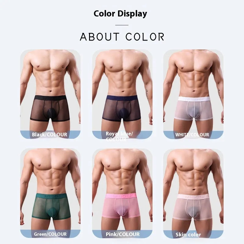 Men's thin invisible boxers in polyester knitting fabric, shown in black, white, sapphire blue, skin tone, green and pink colours.