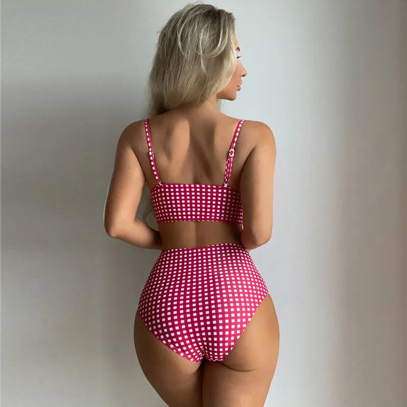 Women's plaid bikini set with high-waist briefs in rose red, black, blue, or sky blue