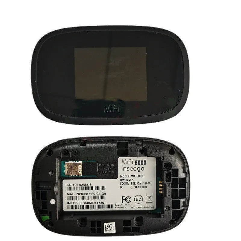 Black mifi8000 dual-core 4G portable wireless router with battery and data cable.