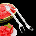 Silver stainless steel watermelon fork slicer with extended handle and rounded fork head