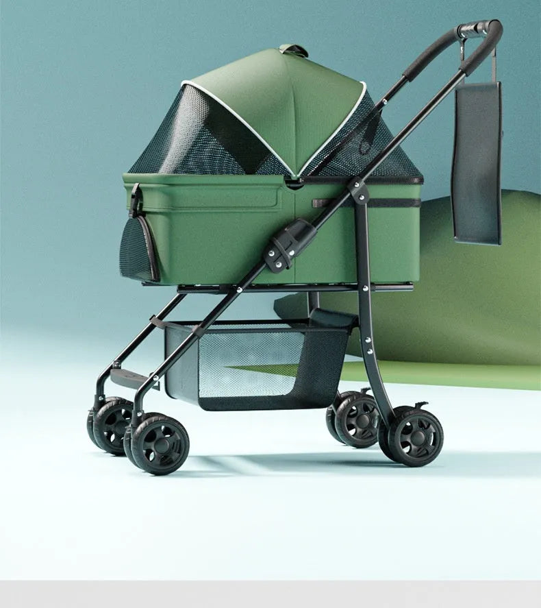Black one-click folding metal pet cart with detachable design for dogs and small animals