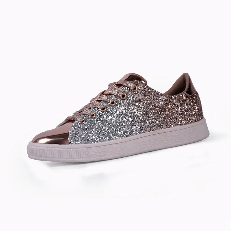 Women's black, pink, and gold sequinned casual lace-up shoes with a round toe and leather lining.
