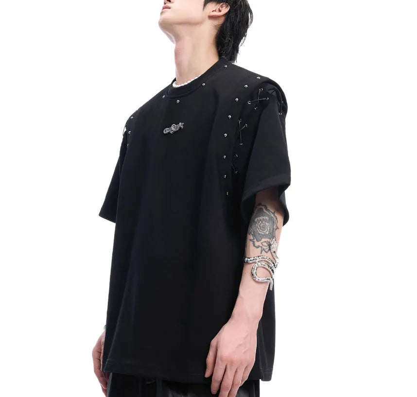 Women's black short sleeve T-shirt with lace-up cutout deconstruction style detail