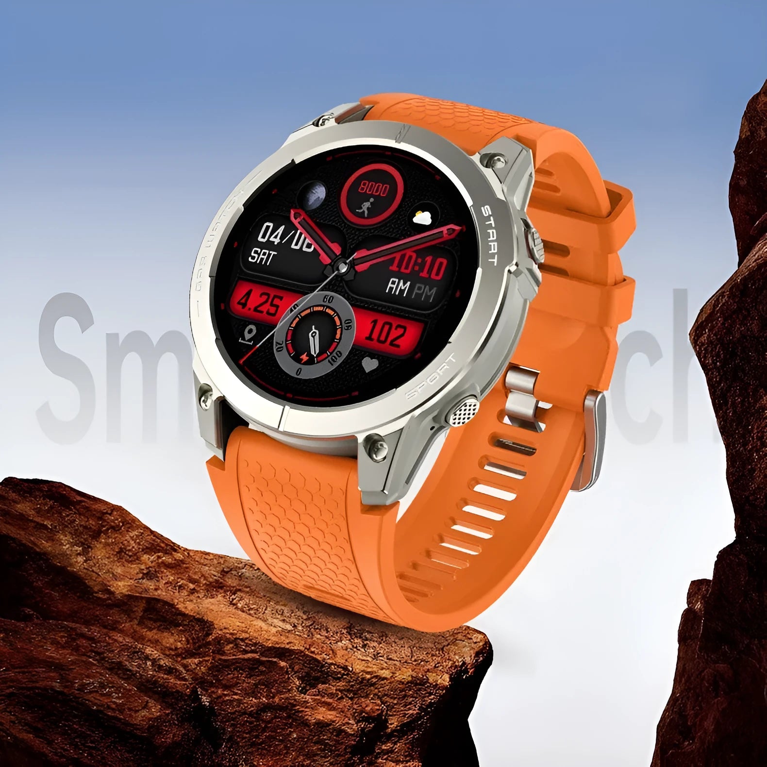S53 black and orange outdoor GPS smartwatch with silicone strap on a wrist