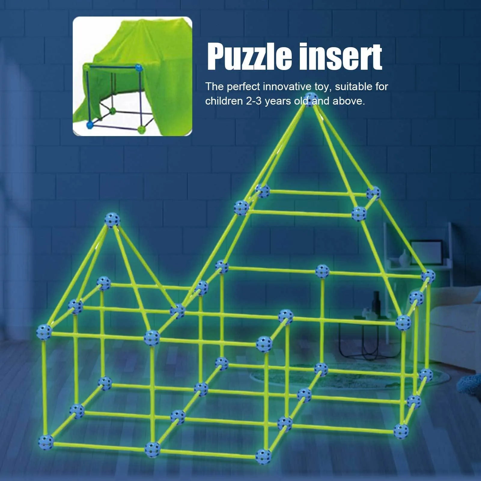Children's luminous fort building kit with plastic rods, connector balls, and a constructed play tunnel.