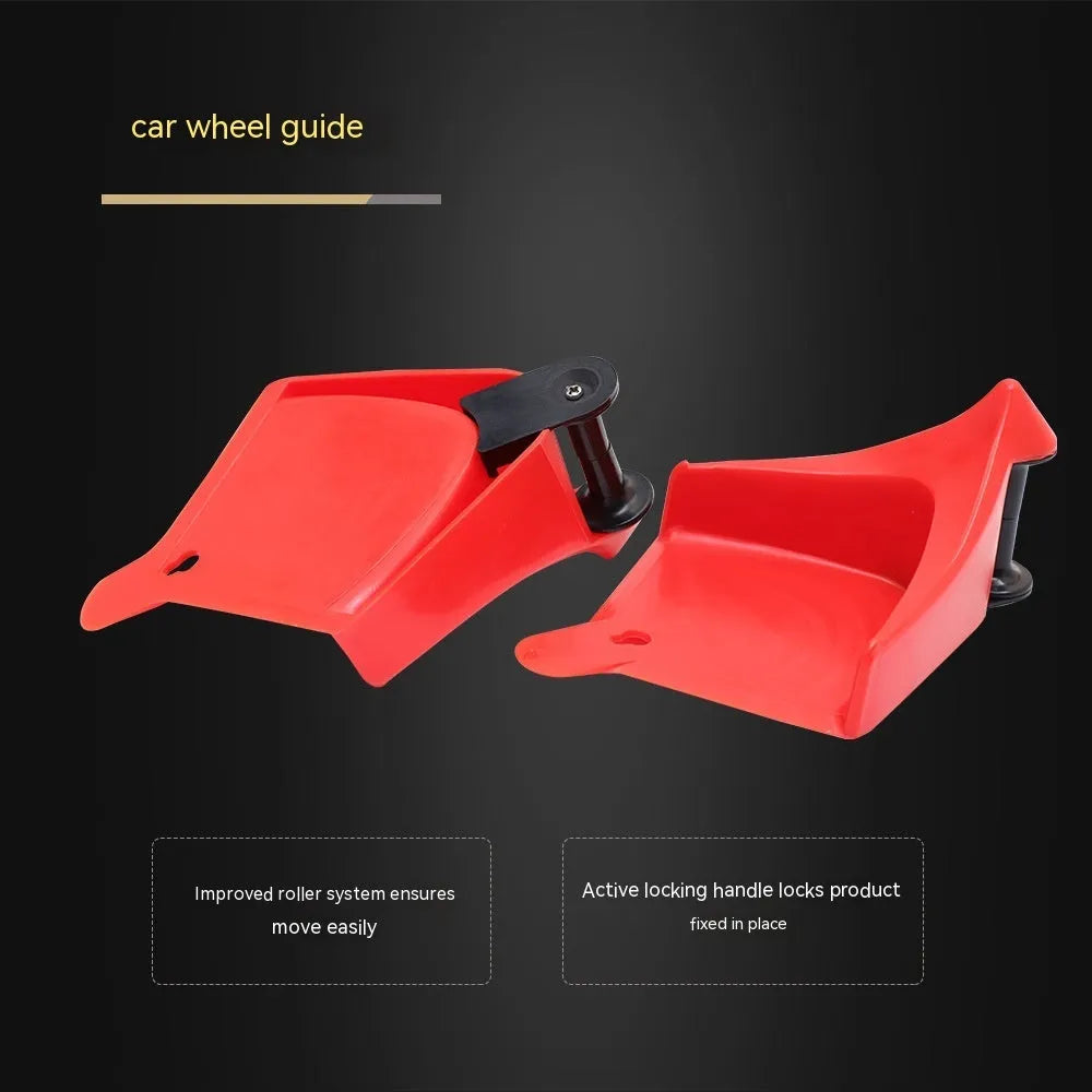 Set of four red plastic and black rubber triangle car parking blocks or wheel stops