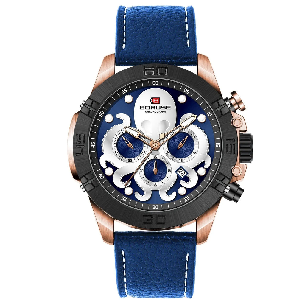 Men's octopus waterproof quartz watch with luminous display in black or blue colour options
