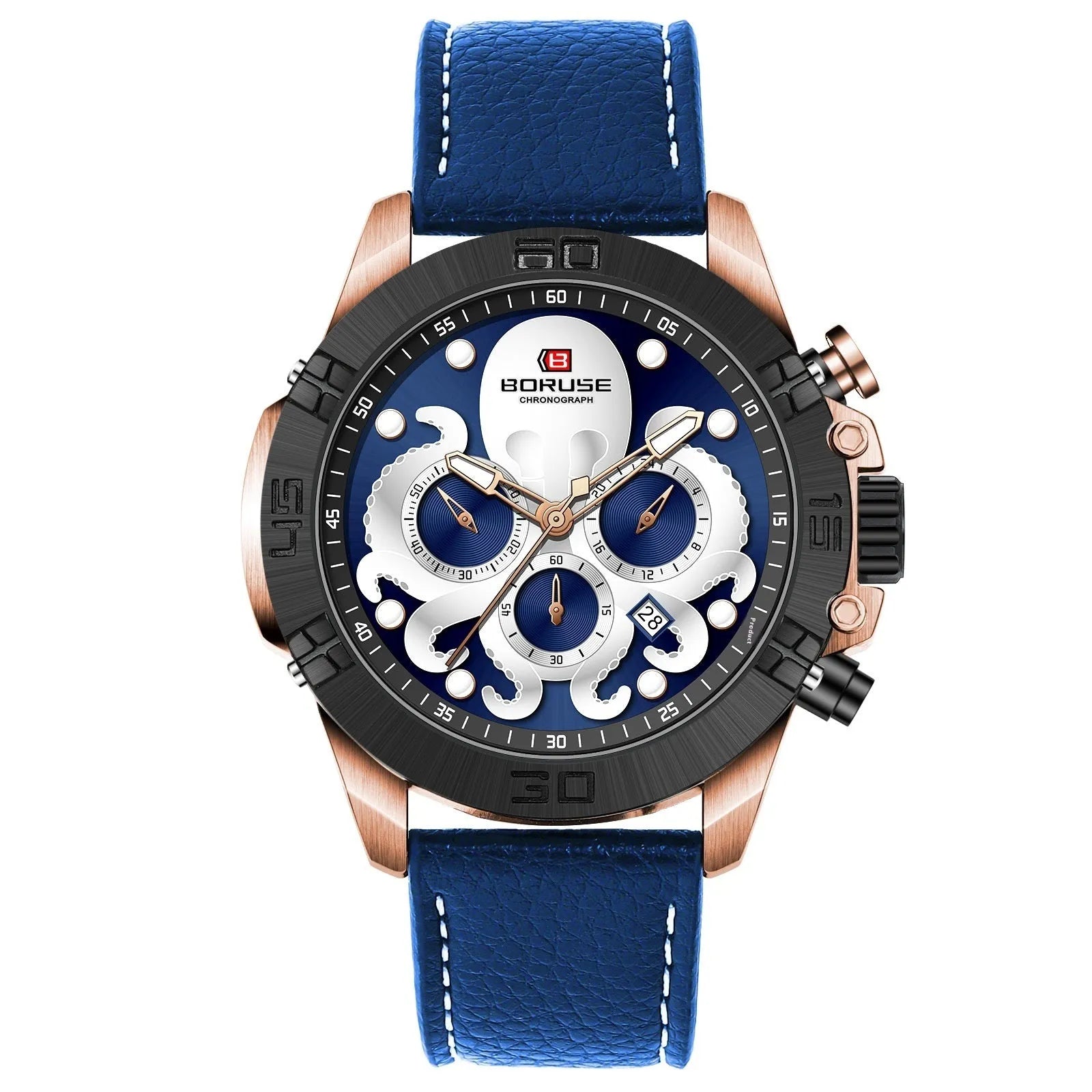Men's octopus waterproof quartz watch with luminous display in black or blue colour options