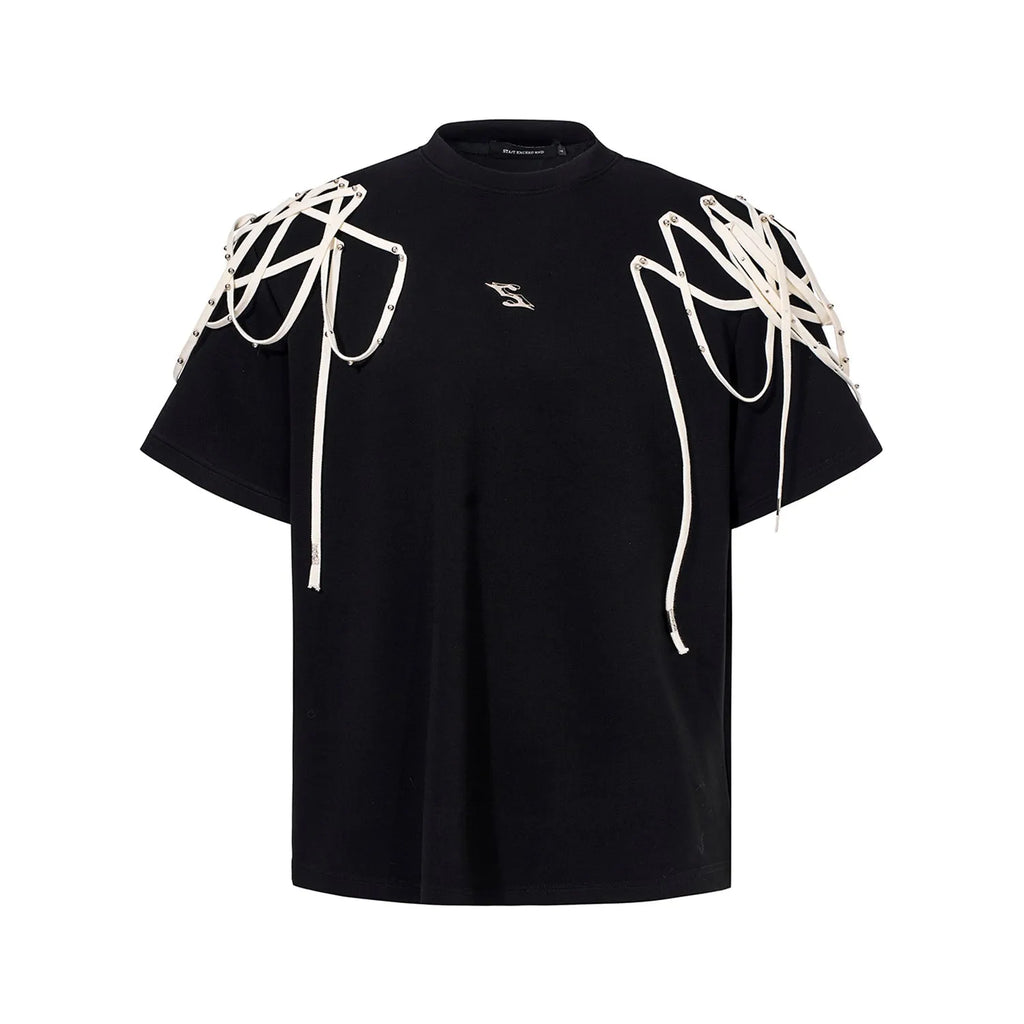 Black loose fit t-shirt with rivet ribbon detail on padded shoulders