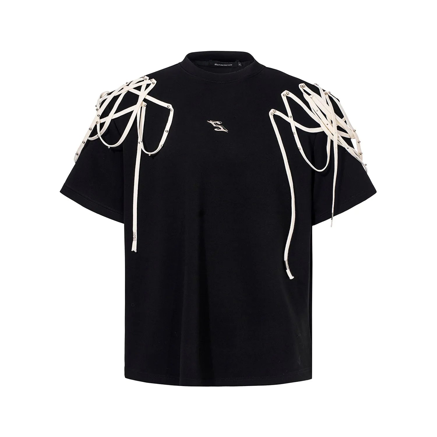 Black loose fit t-shirt with rivet ribbon detail on padded shoulders