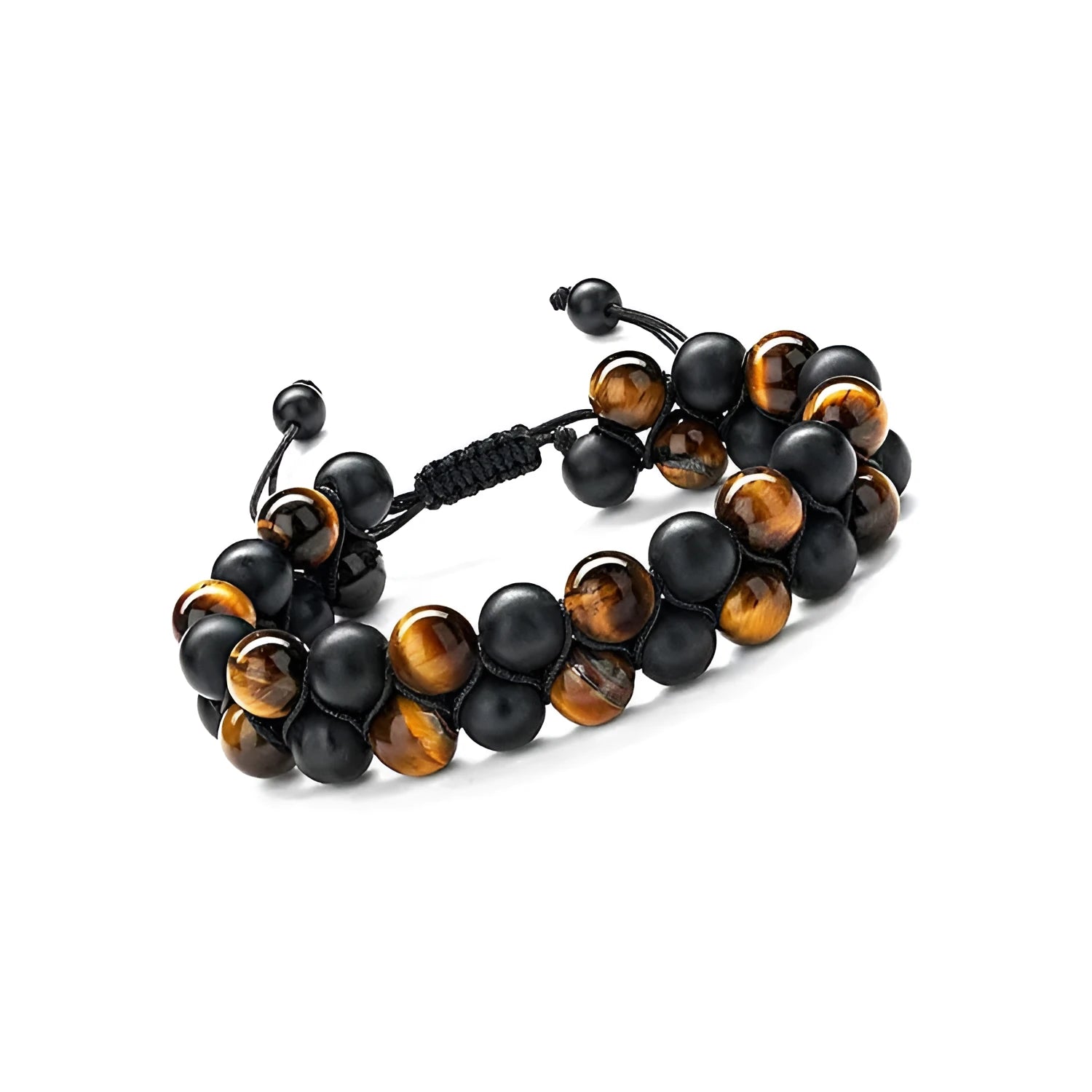 Men's tiger eye double-layer woven bracelet with bright magnet accents and geometric design