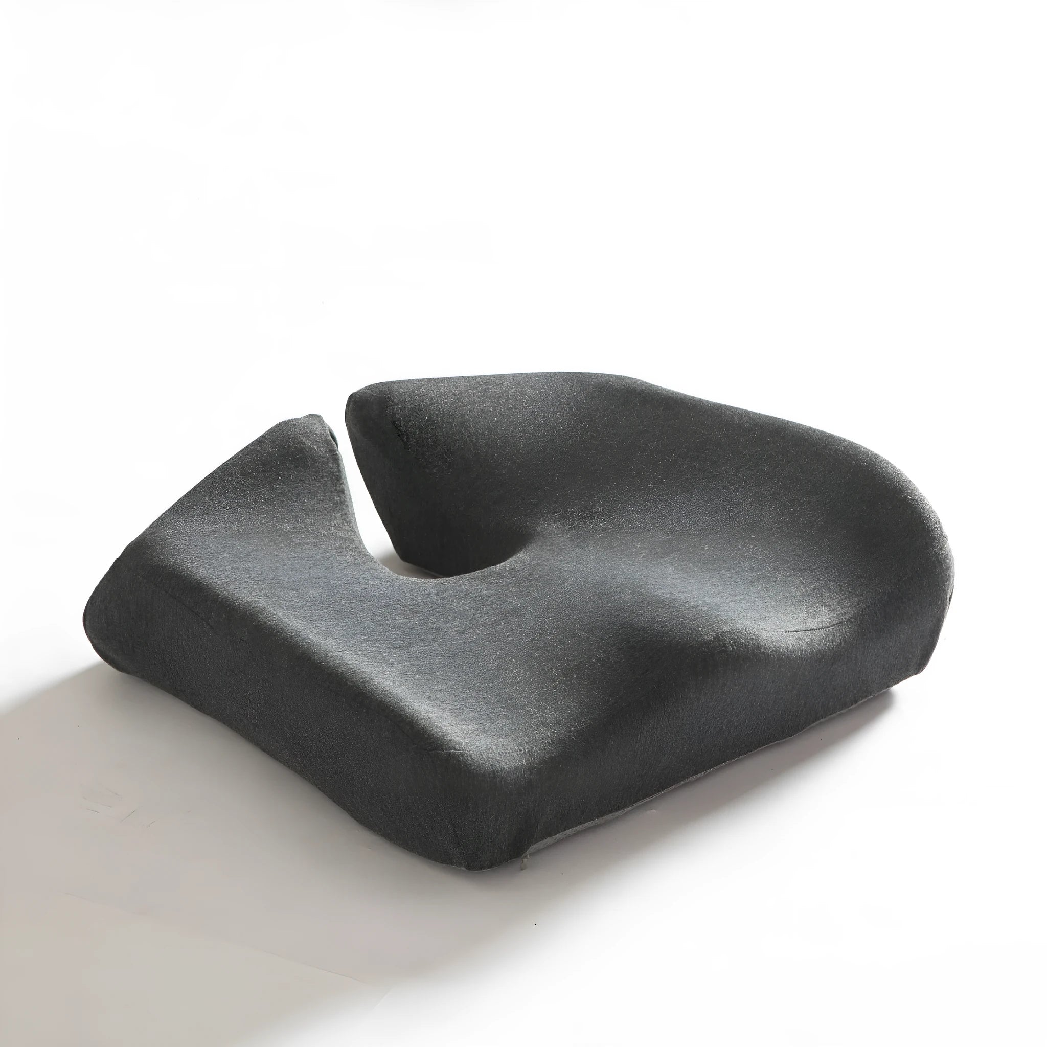 Memory foam office chair cushion in dark grey measuring 36x40x11cm with waist support contour