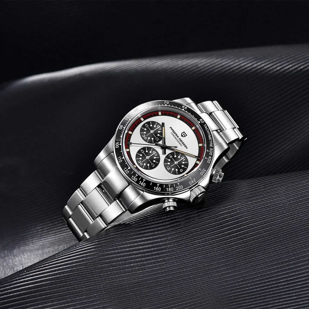 Men's black or white chronograph watch with stainless steel bracelet and 40mm dial