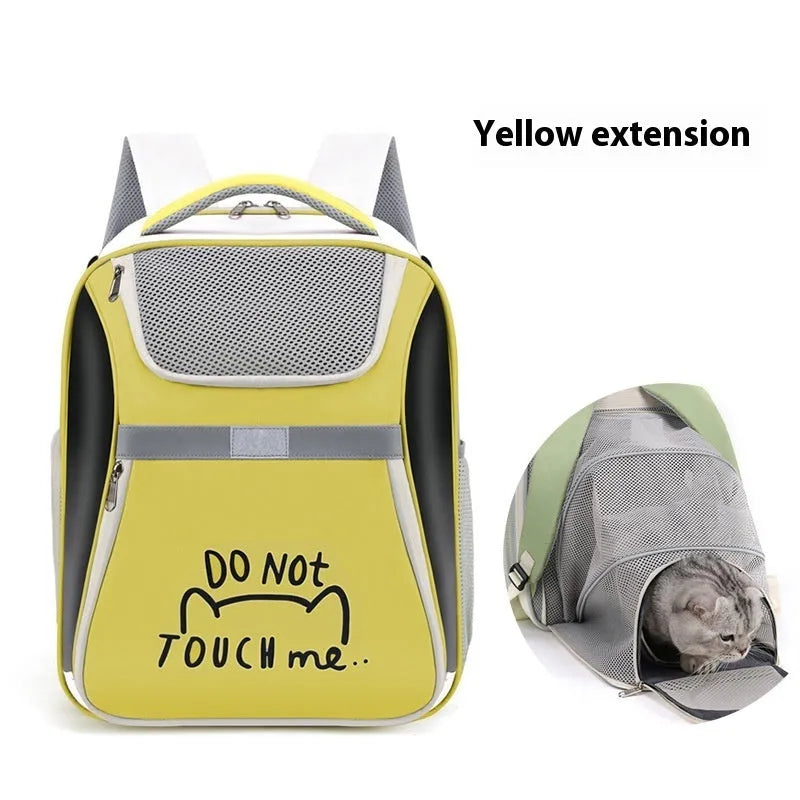 Expandable pet backpack in beige with contrast-pattern PVC Oxford material, medium capacity, on display