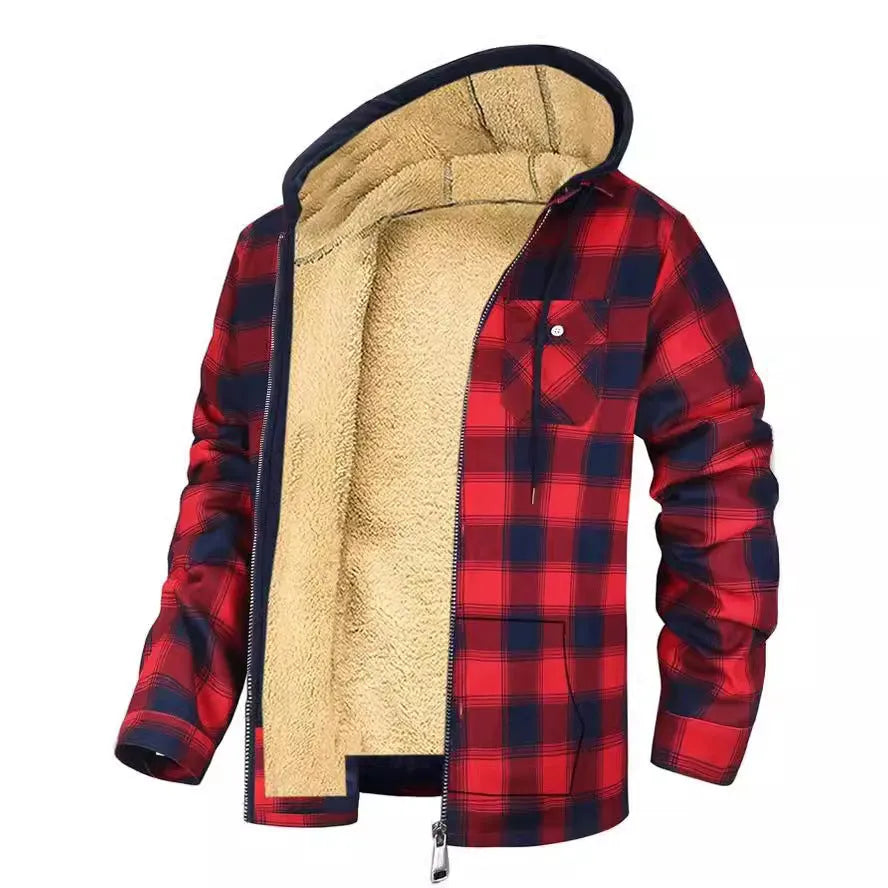 Men's plaid hooded zip-up thickened cotton-padded winter jacket in blue