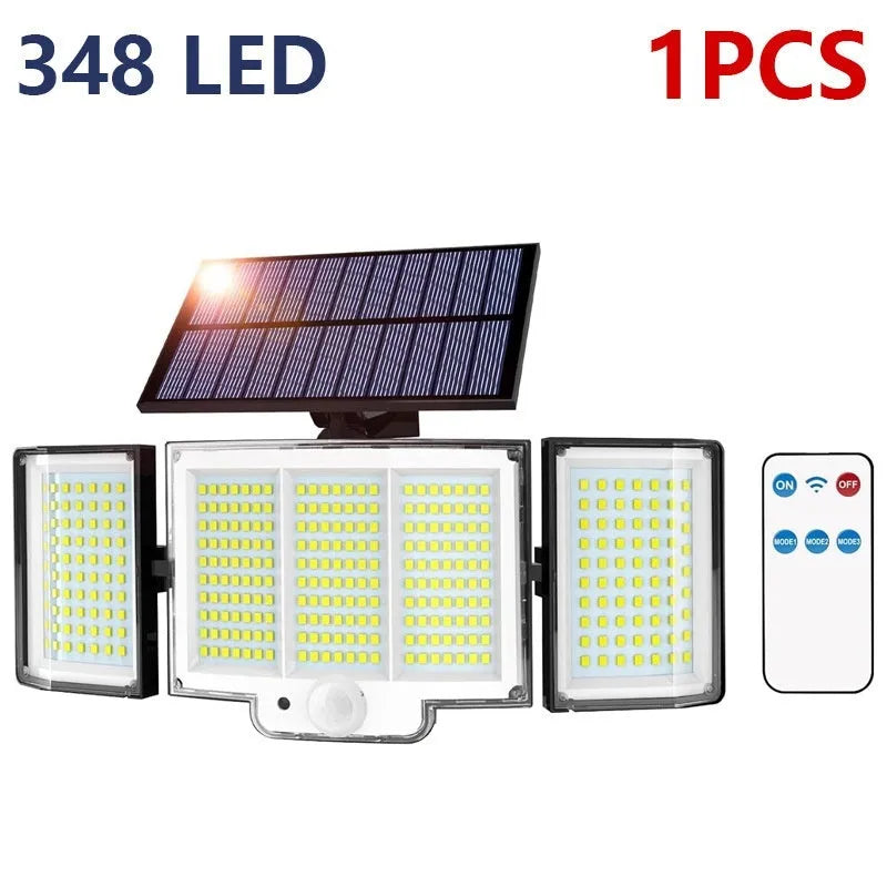 A solar-powered outdoor wall lamp with a motion sensor and a wide-angle LED light panel.