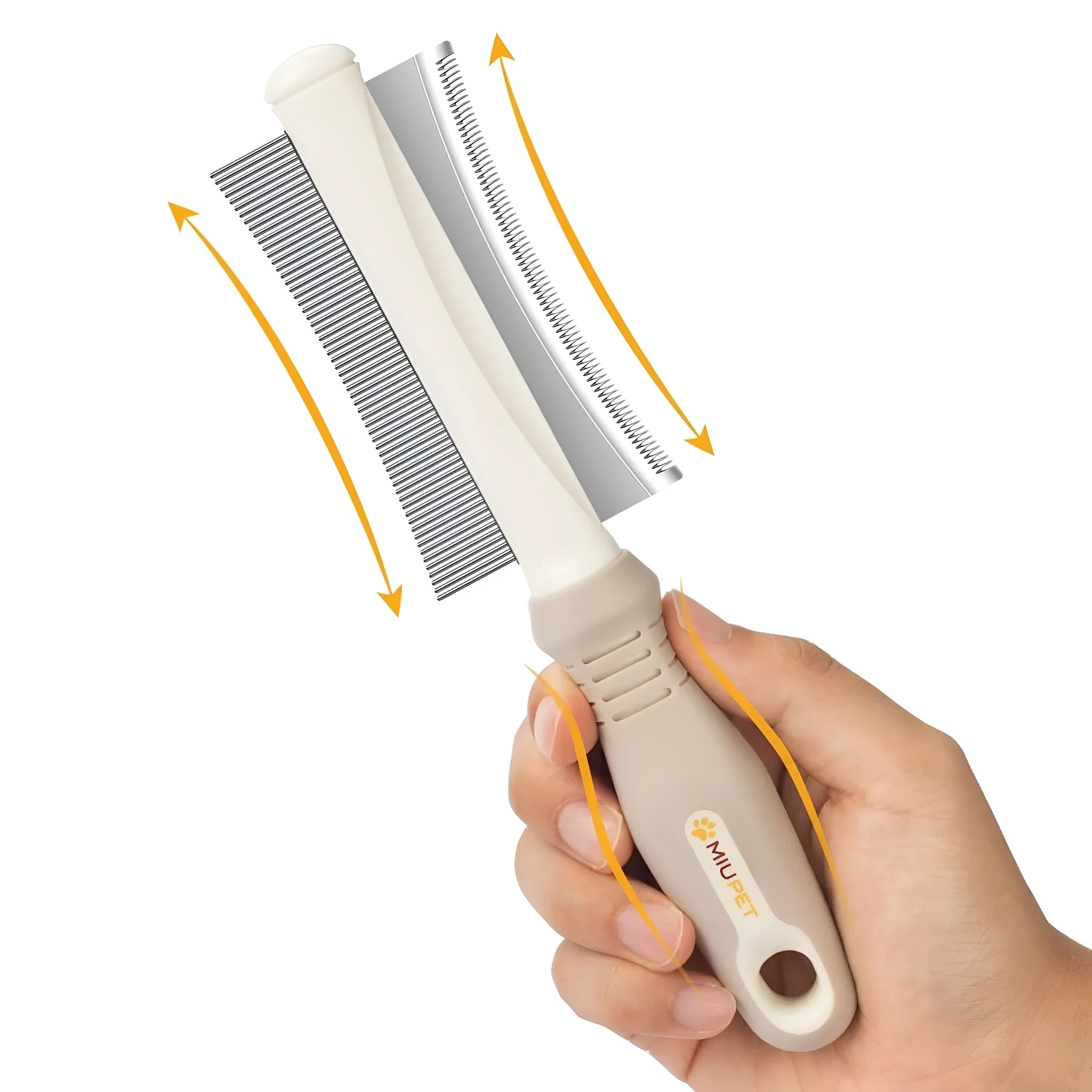 White 2 in 1 dog cat deshedding brush with curved comb and anti-slip handle measuring 230x60mm