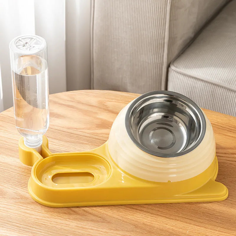 Raised cat feeder bowl with attached water bottle dispenser in green colour