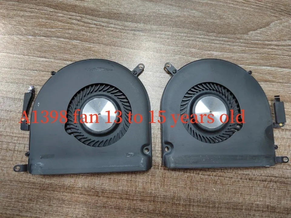 MacBook Pro A1398 laptop cooling fan replacement part shown on a paper box.