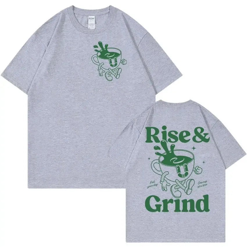 Man's loose-fit linen-blend t-shirt with Rise And Grind green coffee cartoon print