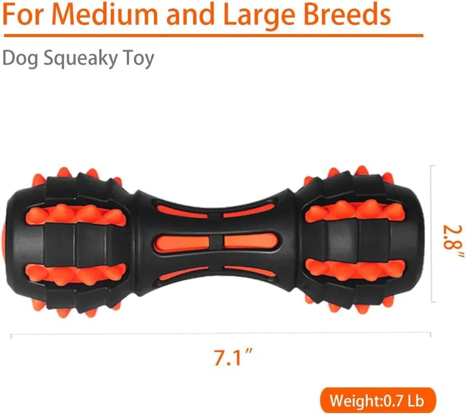 Red dumbbell-shaped rubber dog chew toy for medium large breeds with squeaker