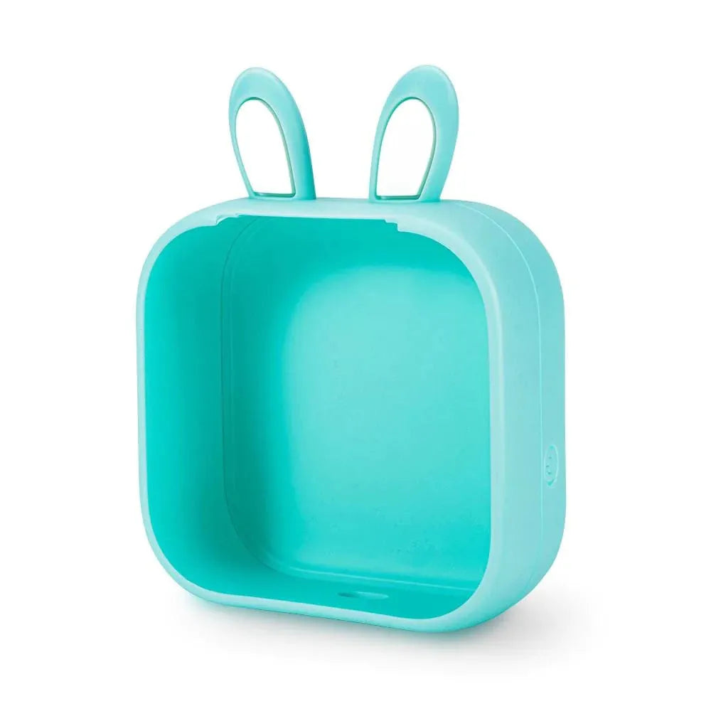 Mini portable USB printer with rabbit ear protective case in pink, green, or white.
