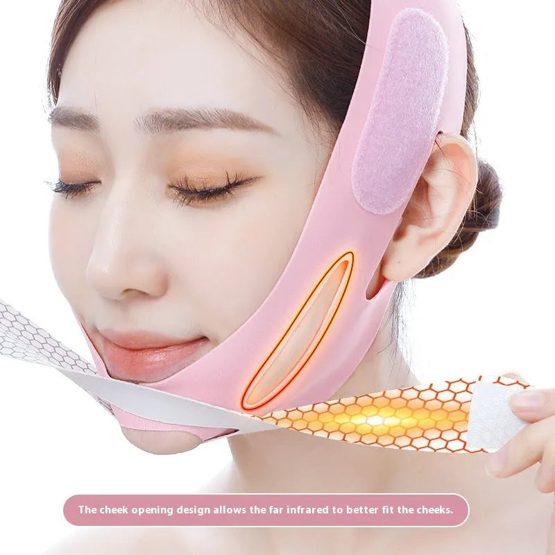 Pink or black elastic V-shaped face bandage for jawline contouring and facial support