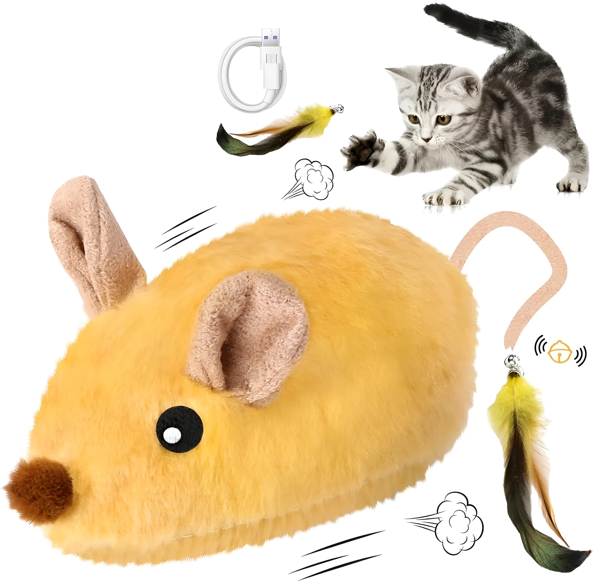 Rechargeable interactive cat mouse toy with LED lights and feather tail for indoor feline entertainment