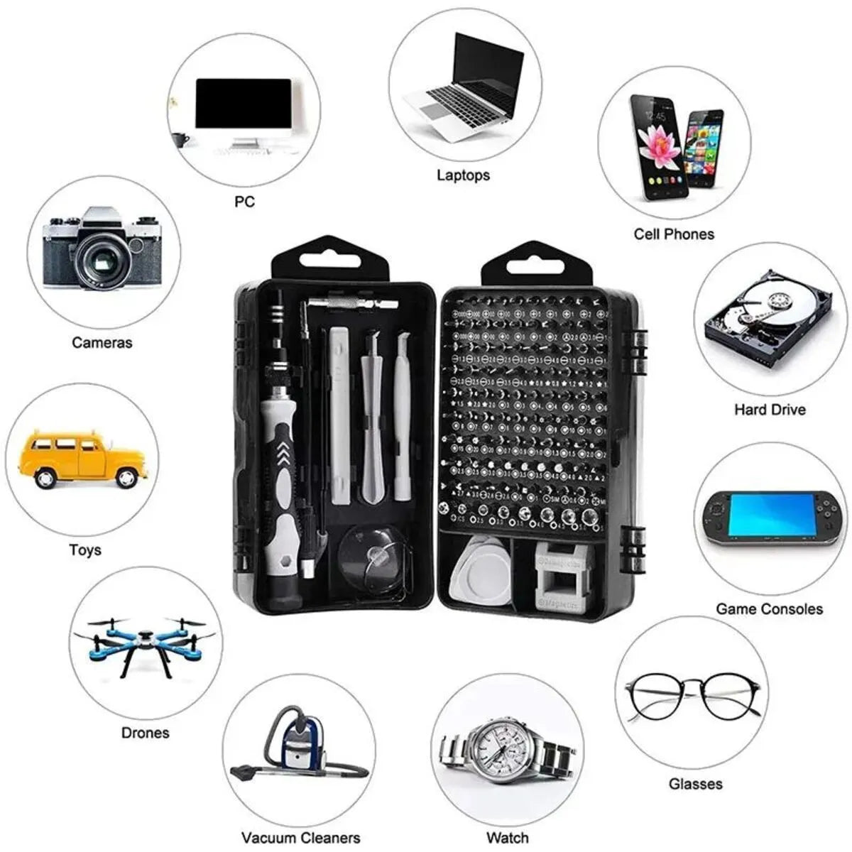 115-in-1 precision screwdriver set with 91 metal bits, magnetic tips, extension bar, and ergonomic handle in a sturdy case