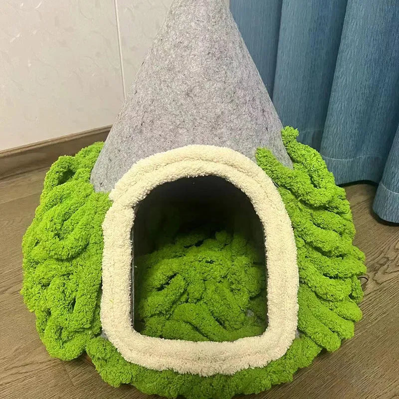Grey cone-shaped felt cat house measuring 50cm wide with enclosed tent design