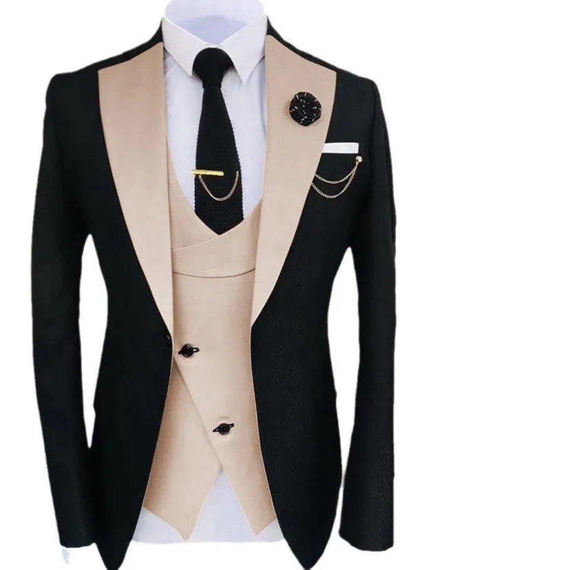 Men's slim fit three-piece business suit in cotton fabric with coat vest trousers