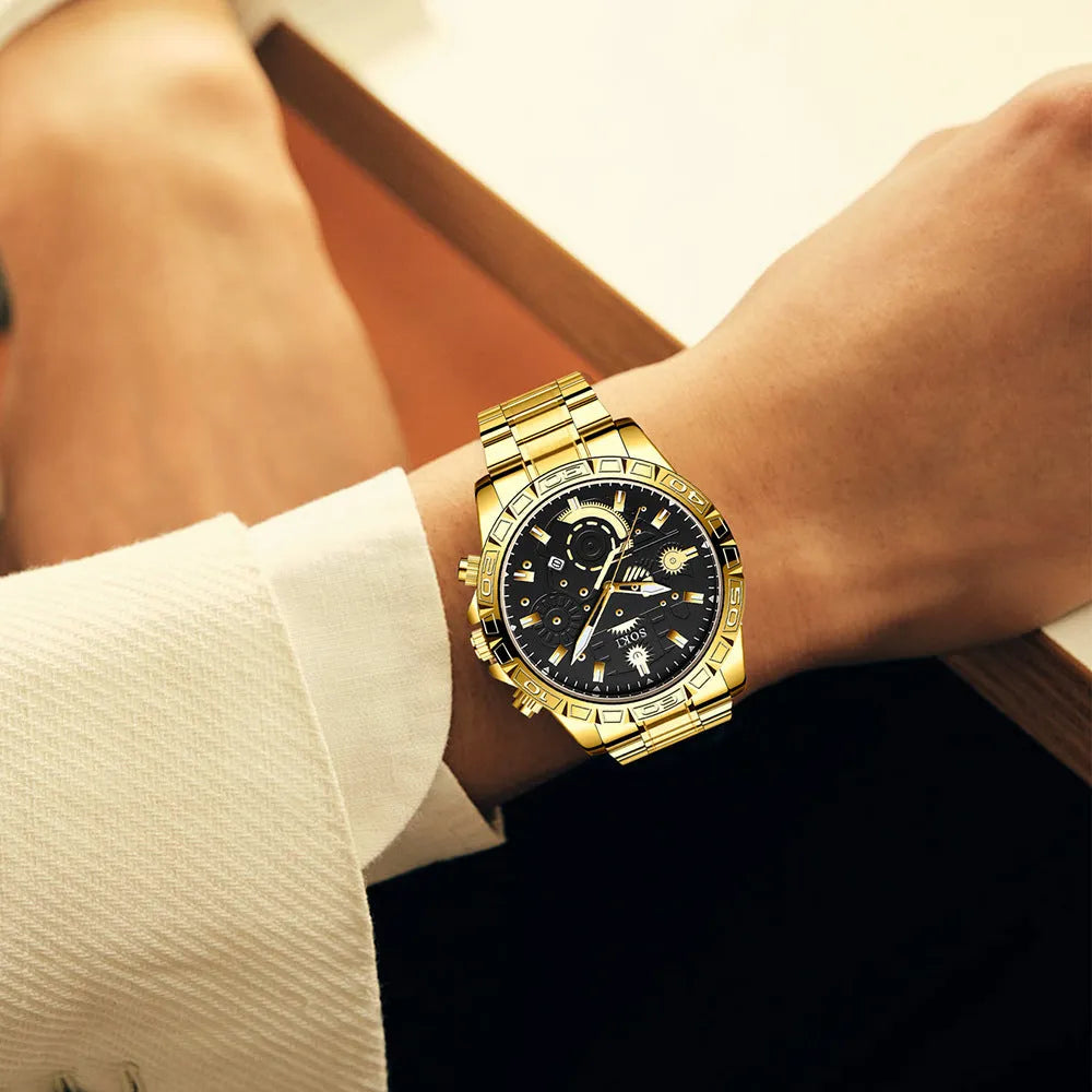 Men's gold-coloured business watch with stainless steel bracelet and calendar display on dial.