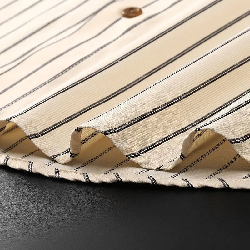 Coffee colour striped men's long-sleeved shirt with wool lining and slim fit