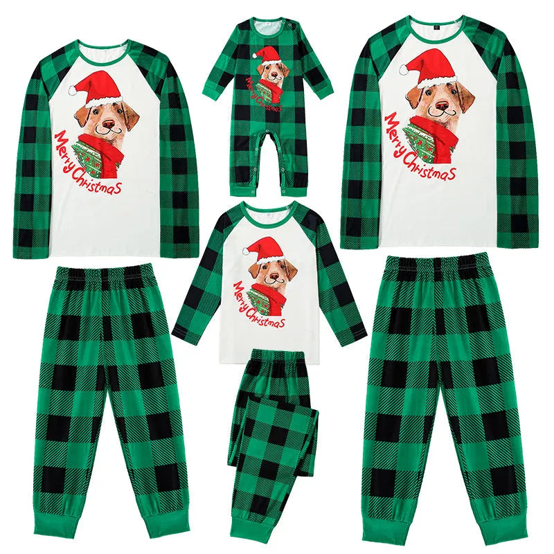 Family set Christmas long sleeve pyjamas in green with animal cartoon pattern on brushed polyester fabric