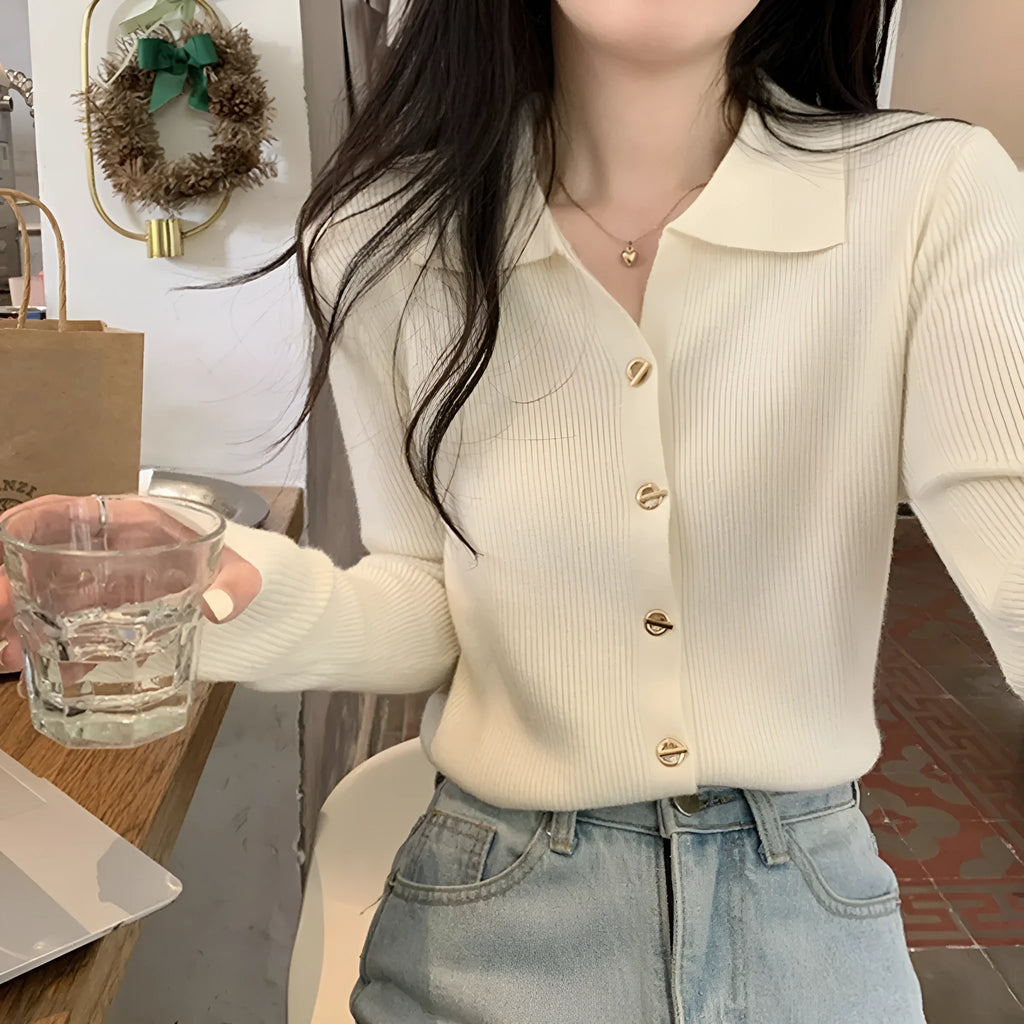 Long-sleeved loose fit knitted cardigan top in viscose fabric shown in beige colour