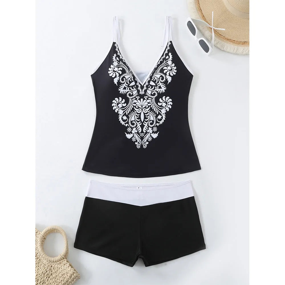 Plus size women's printed swim briefs in black or rose red with a cotton lining.