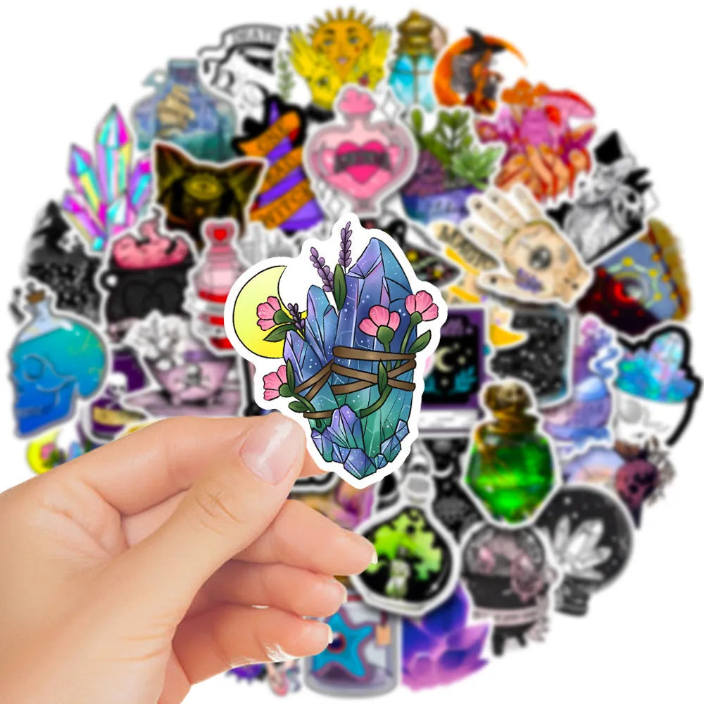 Pack of 50 colourful waterproof PVC stickers for luggage and scooter personalisation.