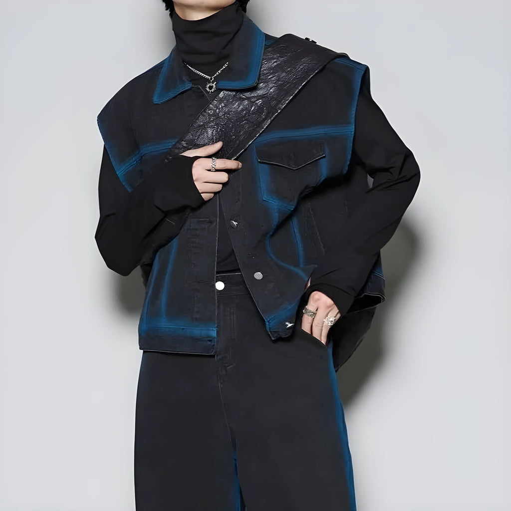 Blue distressed spray gradient fleece-lined vest and jeans two-piece suit set on mannequin