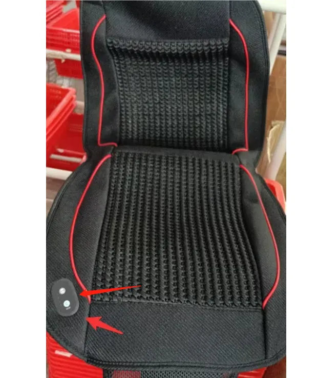 Black car ventilation seat cushion measuring 60x60cm with power cord