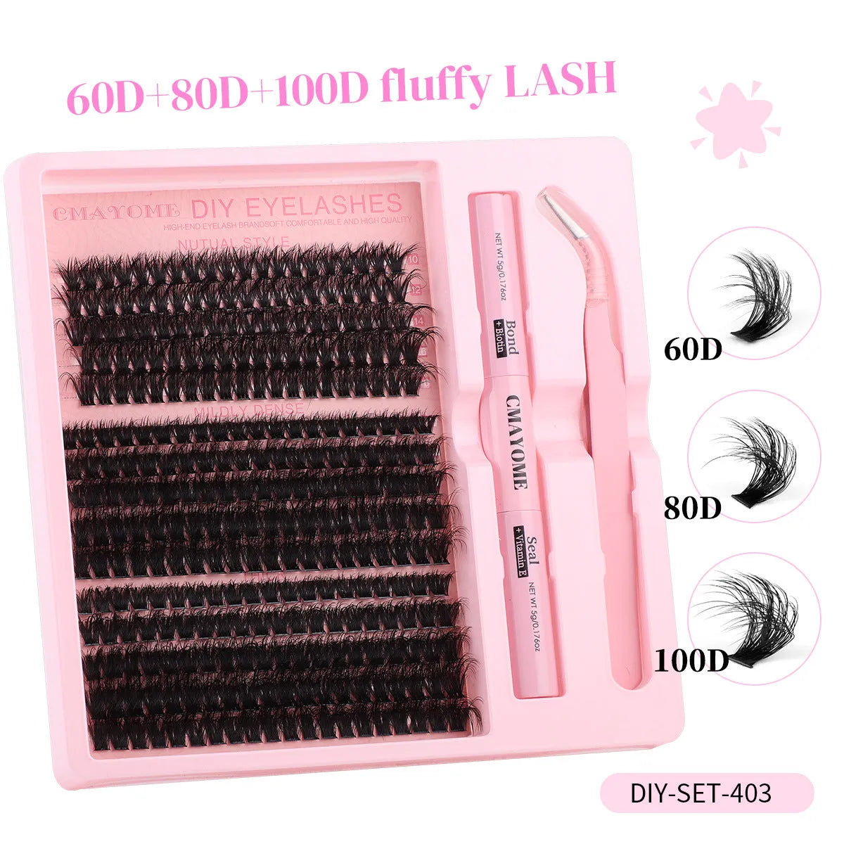 DIY false eyelashes extension kit showing cluster lashes and precision application tweezers