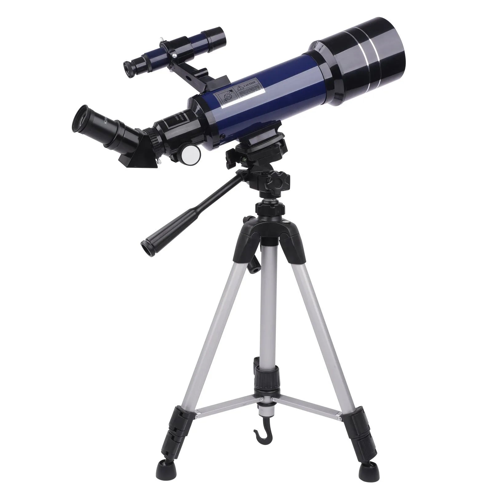 Dark blue children's astronomical telescope with monocular eyepiece on a tripod.