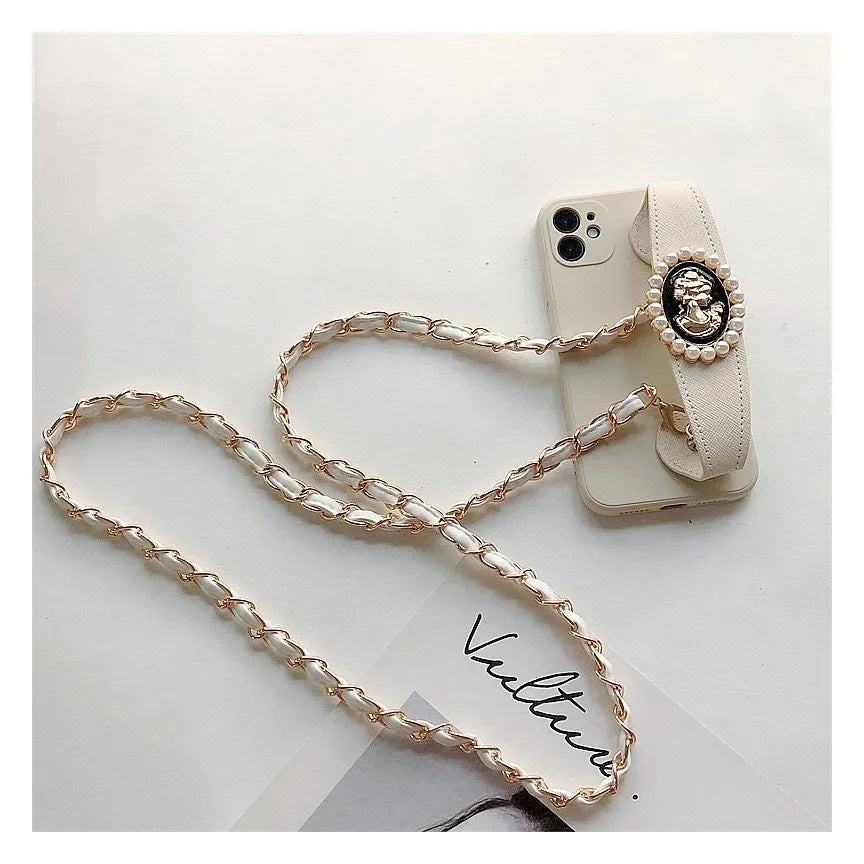 White TPU wrist strap crossbody chain protective case for iPhone with lanyard